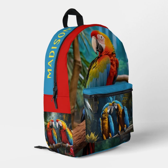 Custom Name Colourful ParrotS Printed Backpack (Back Corner Left)