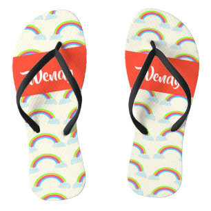 Custom name colourful rainbows and clouds flip flops