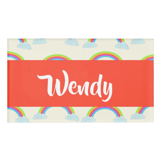 Custom name colourful rainbows and clouds tag (Front)