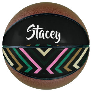Custom name colourful stripes on black basketball