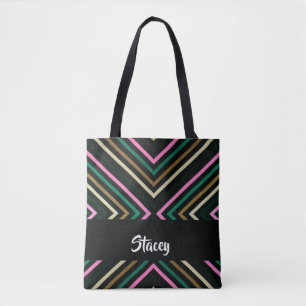 Custom name colourful stripes on black tote bag
