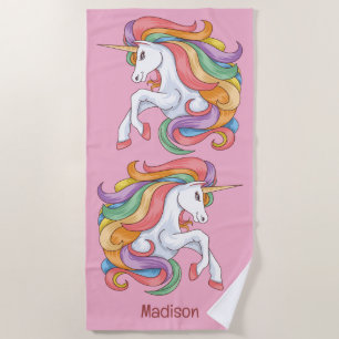 Custom Name Colourful Unicorn Beach Towel