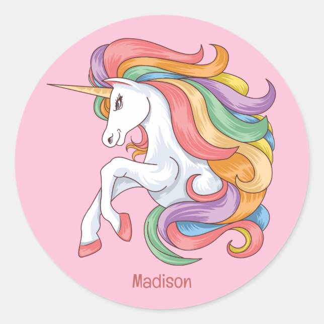 Custom Name Colourful Unicorn Classic Round Sticker (Front)
