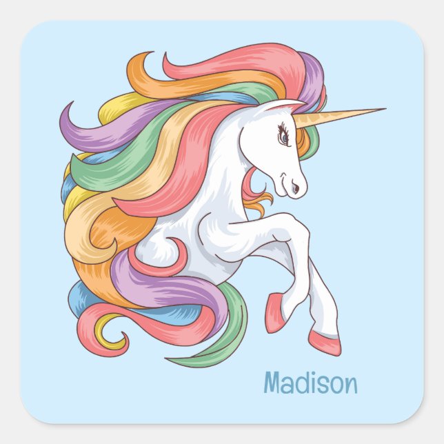 Custom Name Colourful Unicorn Square Sticker (Front)