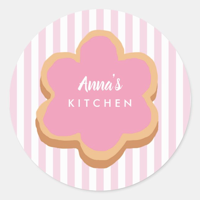 Custom Name Cookie Pink Stripe Kitchen Classic Round Sticker (Front)