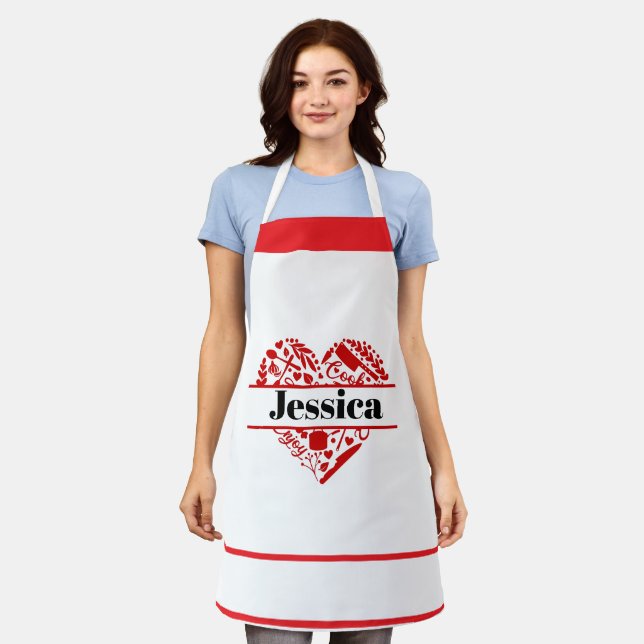 Custom Name Cooking Apron with Red Heart Design (Worn)