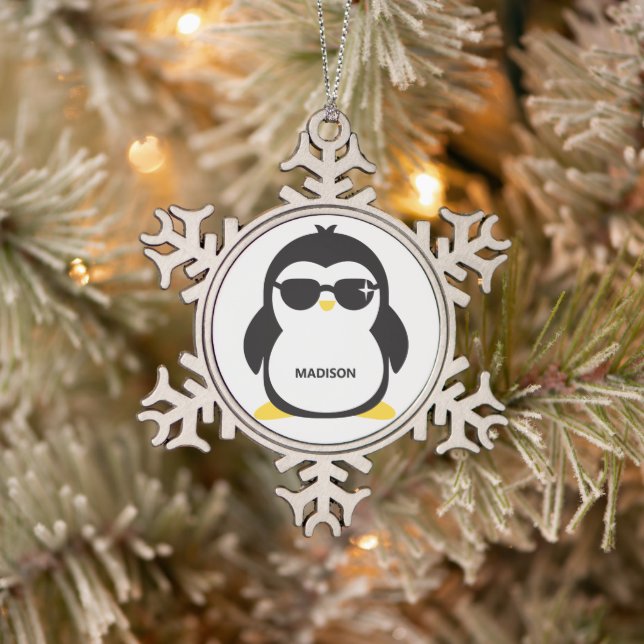 Custom name cool penguin snowflake pewter christmas ornament (Tree)