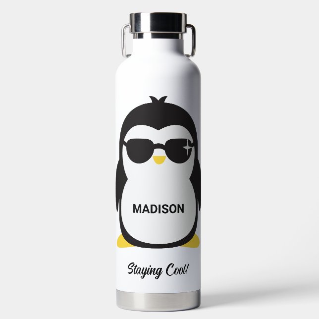 Custom Name Cool Penguin Water Bottle (Front)