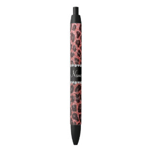 Custom name coral pink glitter leopard print black ink pen