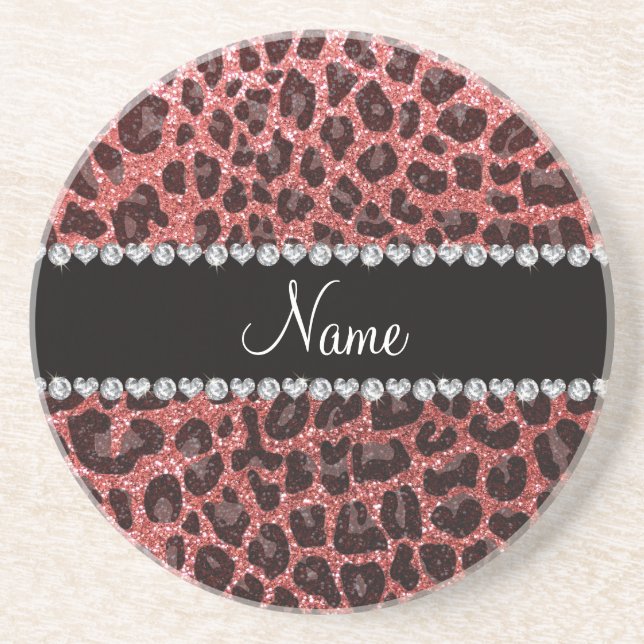 Custom name coral pink glitter leopard print coaster (Front)