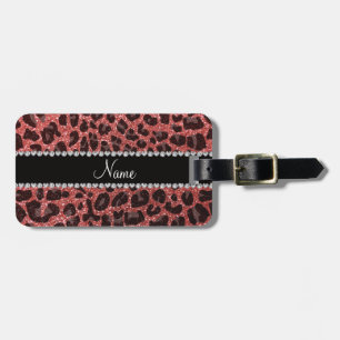Custom name coral pink glitter leopard print luggage tag