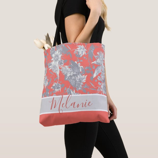 Custom Name Coral Pink Passion Flowers Tote Bag (Close Up)