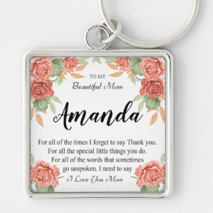 Custom Name Coral Red Rose Message for Mum Key Ring