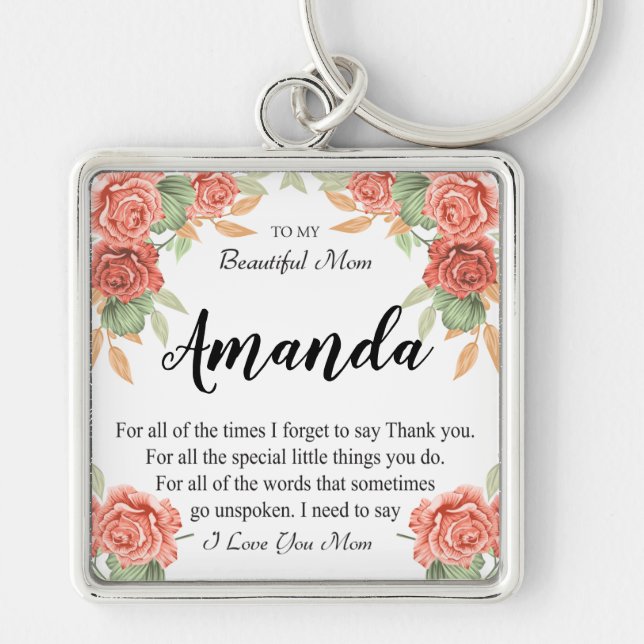 Custom Name Coral Red Rose Message for Mum Key Ring (Front)