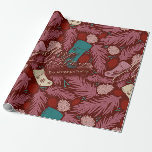 Custom Name Cosy Vintage Floral Pattern Christmas Wrapping Paper