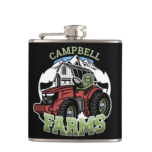 Custom NAME Country Farms Barn Tractor Farmer Hip Flask (Front)