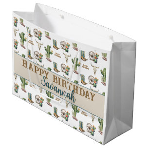 Custom Name Country Western Cowgirl Happy Birthday Large Gift Bag