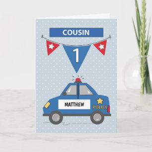 Custom Name Cousin 1st Birthday Blue Police Car Card