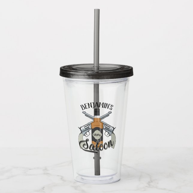 Custom NAME Cowboy Revolver Gun Whiskey Saloon Acrylic Tumbler (Front)