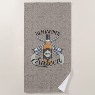 Custom NAME Cowboy Revolver Gun Whiskey Saloon Beach Towel