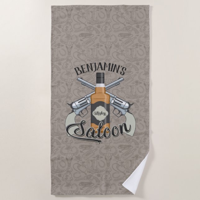 Custom NAME Cowboy Revolver Gun Whiskey Saloon Beach Towel (Front)