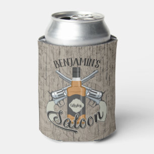 Custom NAME Cowboy Revolver Gun Whiskey Saloon Can Cooler