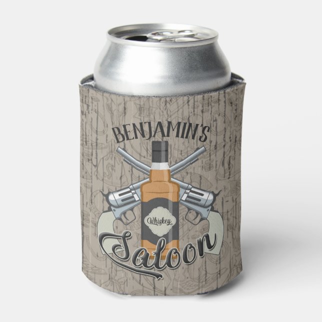 Custom NAME Cowboy Revolver Gun Whiskey Saloon Can Cooler (Can Front)