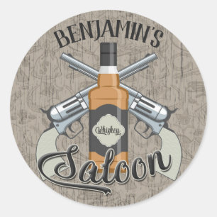 Custom NAME Cowboy Revolver Gun Whiskey Saloon Classic Round Sticker