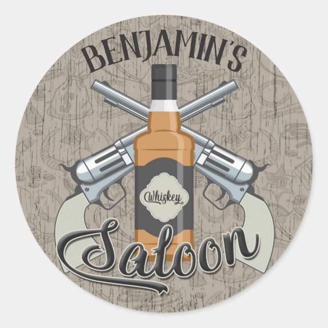 Custom NAME Cowboy Revolver Gun Whiskey Saloon Classic Round Sticker (Front)