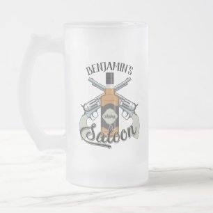 Custom NAME Cowboy Revolver Gun Whiskey Saloon Frosted Glass Beer Mug