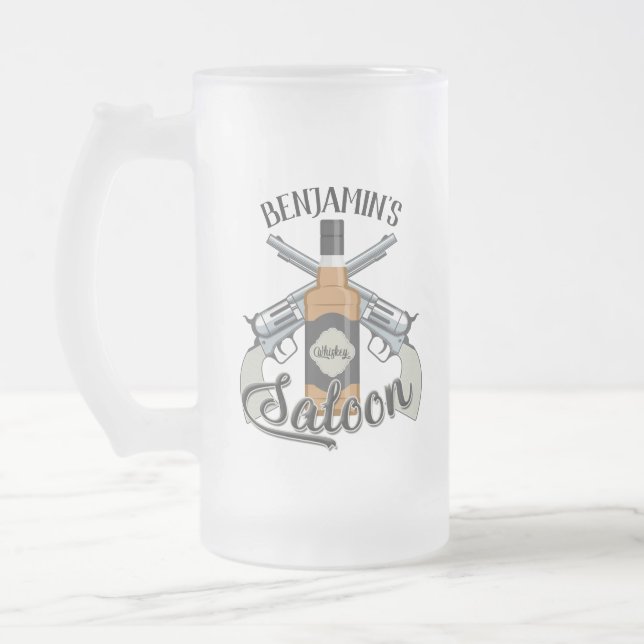 Custom NAME Cowboy Revolver Gun Whiskey Saloon Frosted Glass Beer Mug (Left)