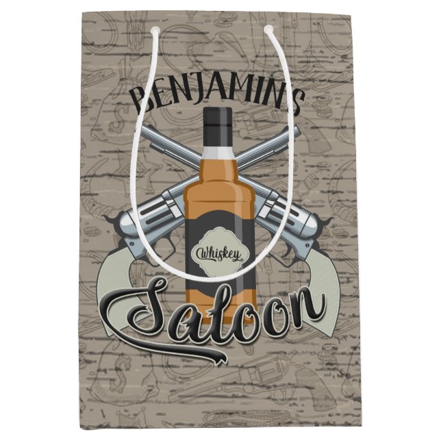 Custom NAME Cowboy Revolver Gun Whiskey Saloon Medium Gift Bag (Front)