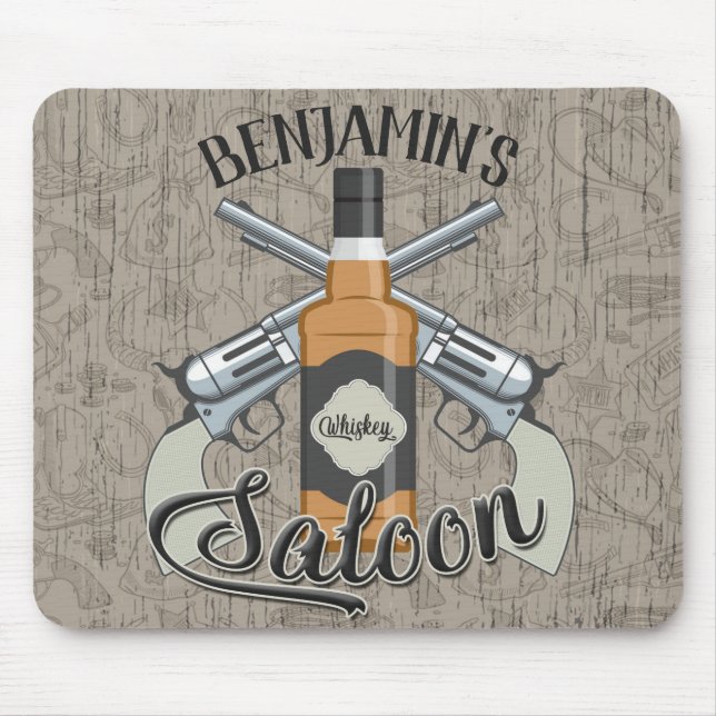 Custom NAME Cowboy Revolver Gun Whiskey Saloon Mouse Mat (Front)