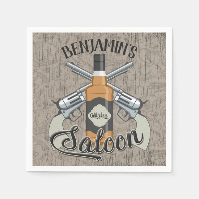 Custom NAME Cowboy Revolver Gun Whiskey Saloon Napkin (Front)