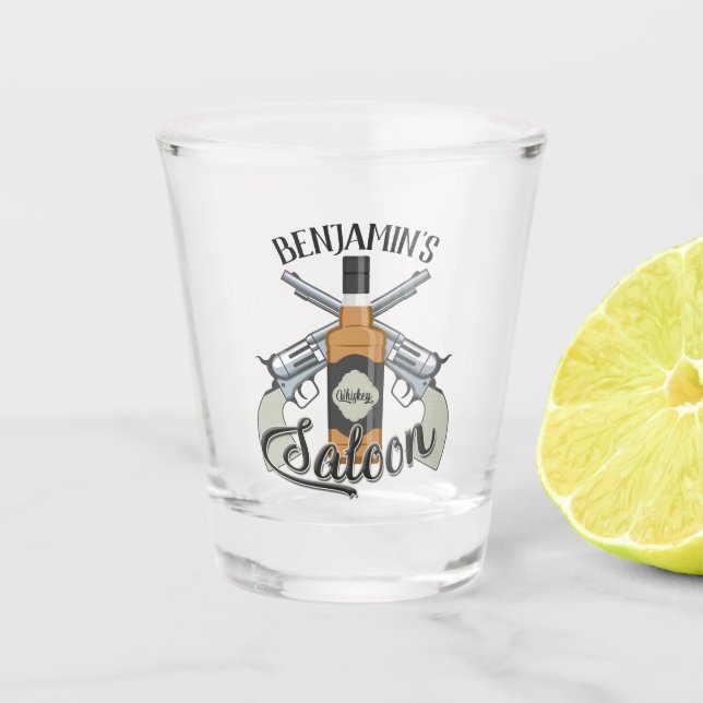 Custom NAME Cowboy Revolver Gun Whiskey Saloon Shot Glass (Front)