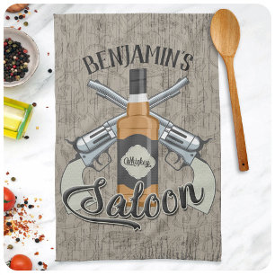 Custom NAME Cowboy Revolver Gun Whiskey Saloon Tea Towel