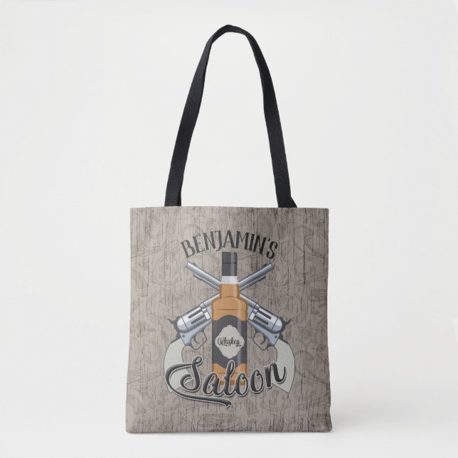 Custom NAME Cowboy Revolver Gun Whiskey Saloon Tote Bag (Front)