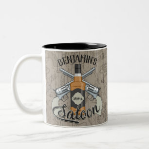 Custom NAME Cowboy Revolver Gun Whiskey Saloon Two-Tone Coffee Mug