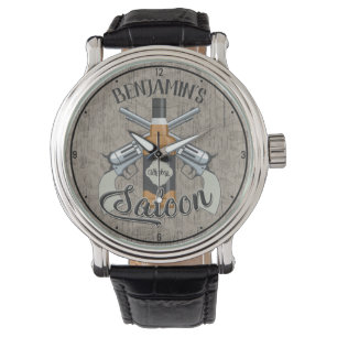 Custom NAME Cowboy Revolver Gun Whiskey Saloon Watch