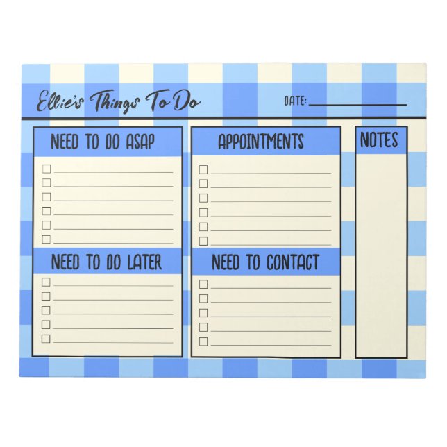 Custom Name Coworker Gift Gingham To Do Lists Notepad (Front)