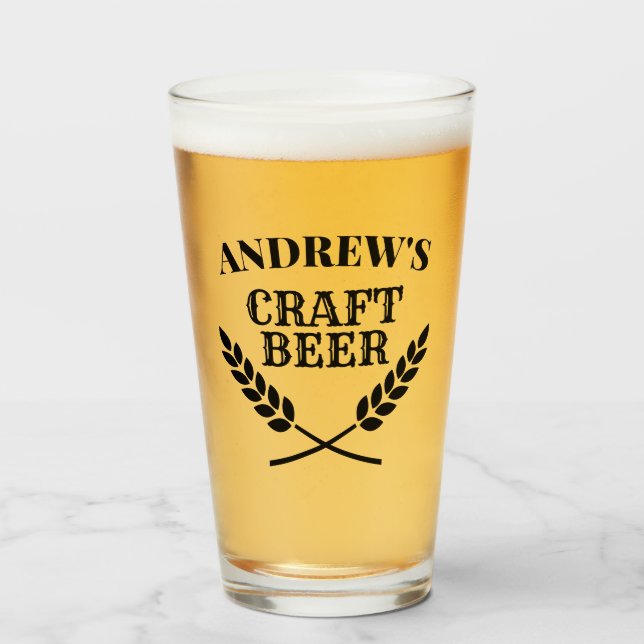 Custom name craft beer glass with wheat wreath (Front Filled)