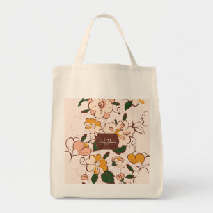 Custom Name Cream Floral Retro Bloom Botanical Tote Bag
