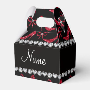 Custom name crimson red glitter high heels bow favour box