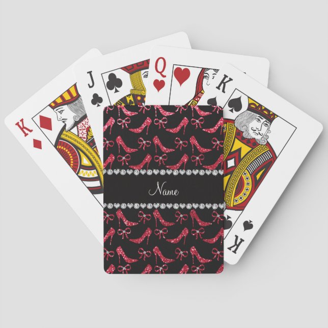 Custom name crimson red glitter high heels bow playing cards (Back)