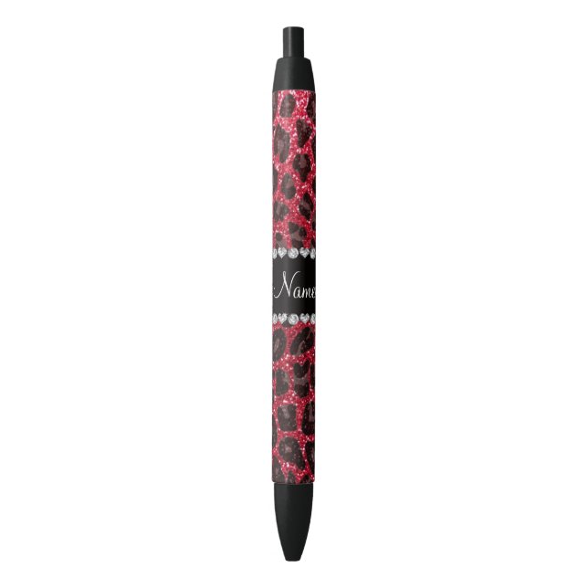Custom name crimson red glitter leopard print black ink pen (Front Vertical)