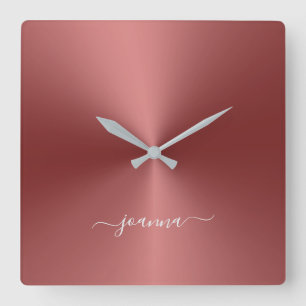 Custom Name Crimson Red Metallic Style Acrylic Square Wall Clock
