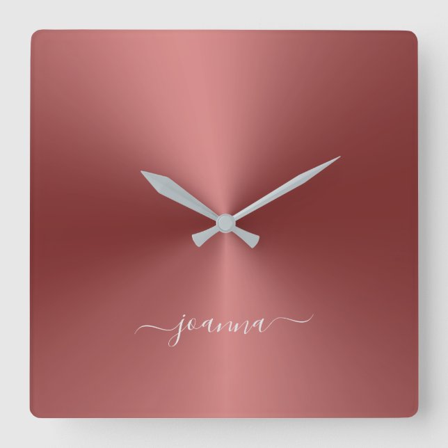 Custom Name Crimson Red Metallic Style Acrylic Square Wall Clock (Front)