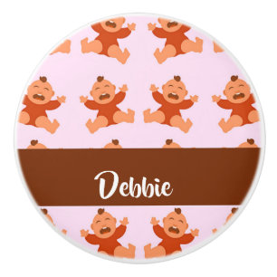 Custom name crying babies on pink ceramic knob