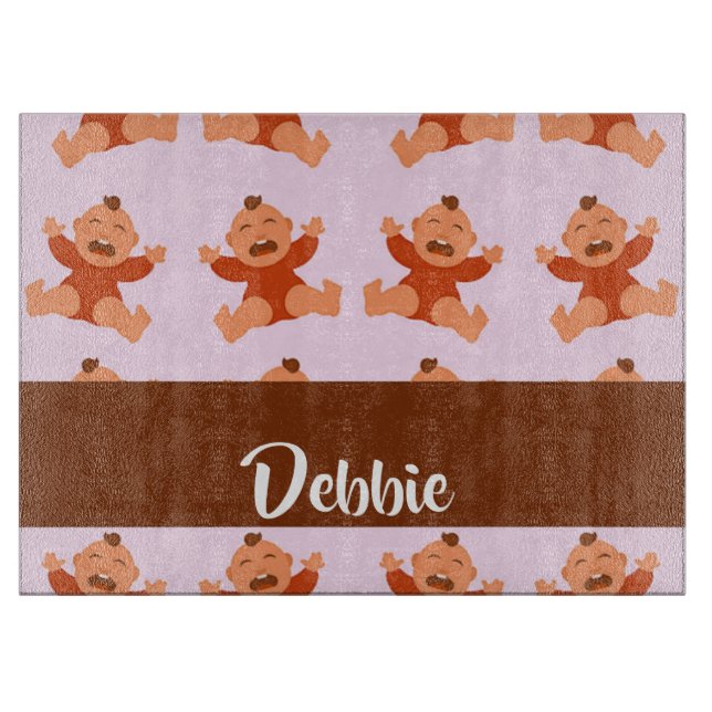 Custom name crying babies on pink cutting board (Front)