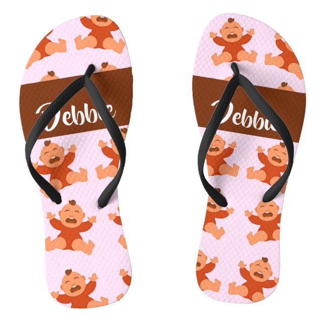 Custom name crying babies on pink flip flops (Footbed)